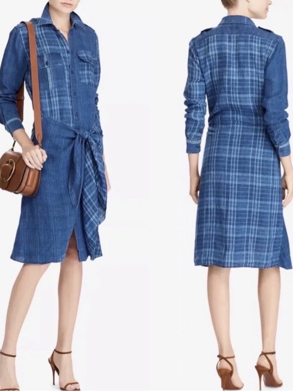 POLO RALPH LAUREN Plaid Linen Shirtdress Denim Plaid Sarong Wrap Dress - 12